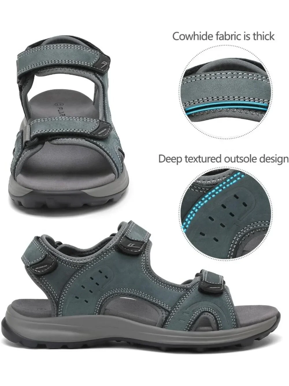 Men's All Grey Adjustable Open Toe Leather Athletic Sport Hiking Sandal Shoes